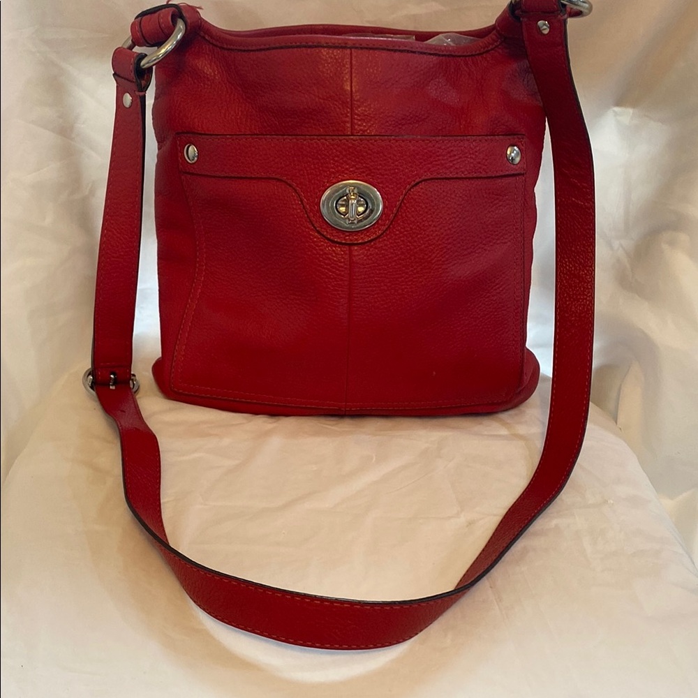 Coach Red Shoulder Bag with Adjustable Strap and Turn-Lock Closure